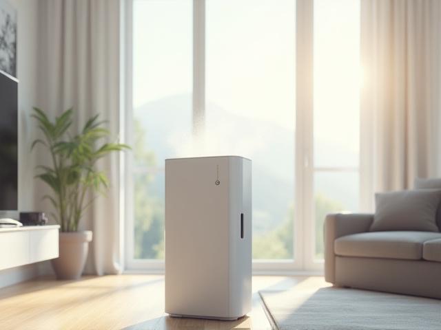 Sleek, modern air purifier in a minimalist room.