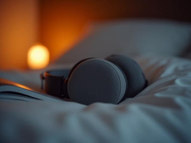 Comfortable sleep headphones on a bedside table.